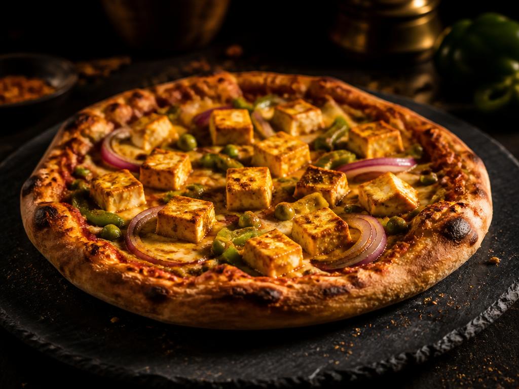 Pizza Paneer mit indischem Frischkäse, Zwiebeln, Paprika und Erbsen
